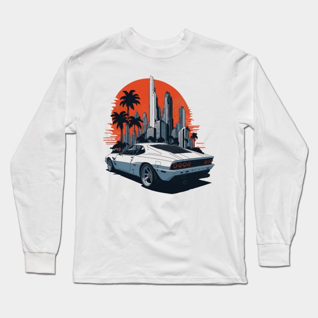 retro sunset car art Long Sleeve T-Shirt by therustyart